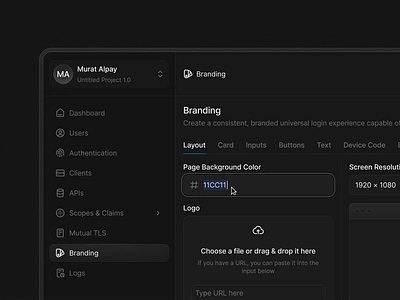 Branding Screens - Layout Section branding colors dark mode dark ui file upload hex input menu navigation side navigation sidebar upload