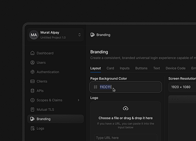 Branding Screens - Layout Section branding colors dark mode dark ui file upload hex input menu navigation side navigation sidebar upload