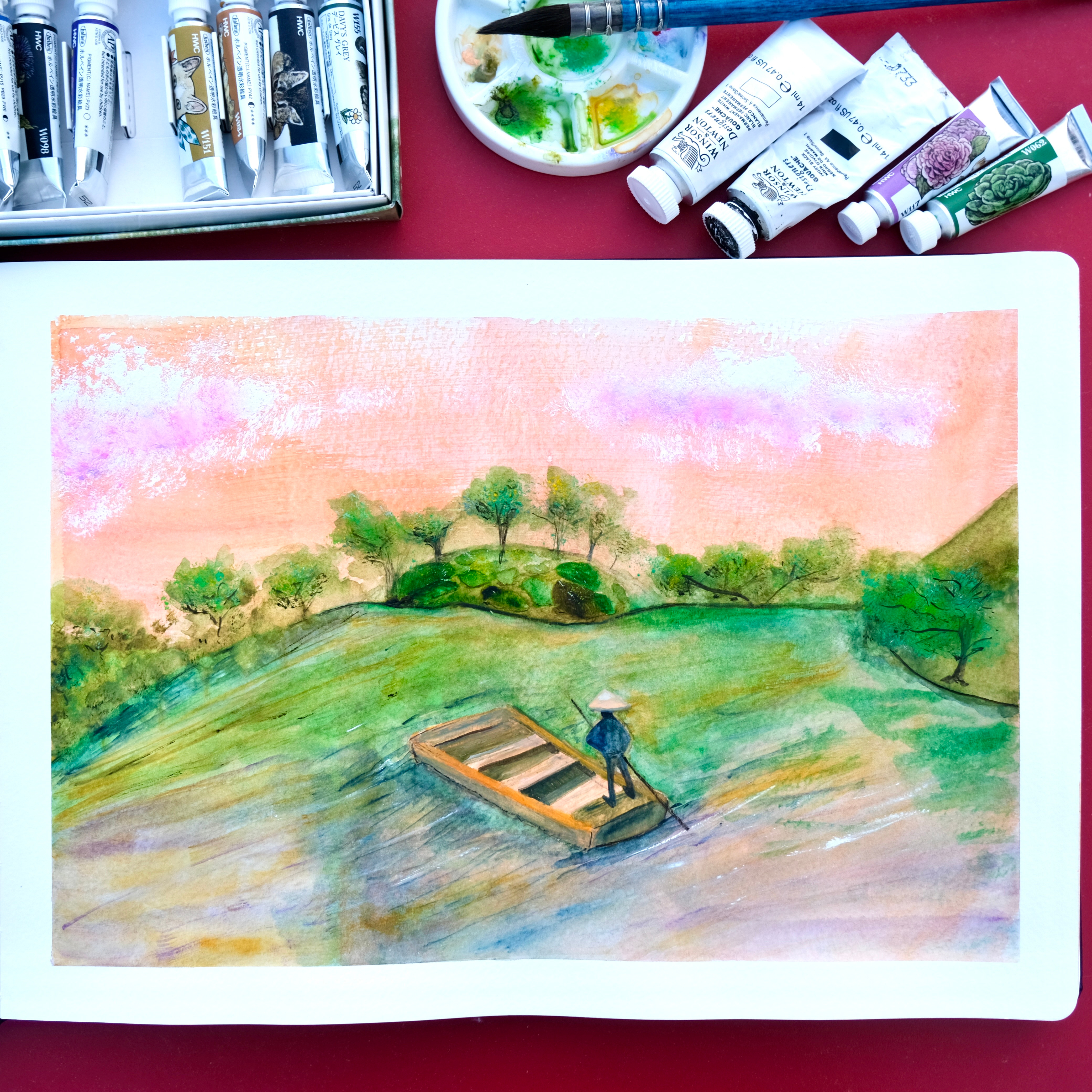 When in Japan - Contemplation art boat contemplation green illustration japan natasha gonzalez park pastels pink poetic river sketchbook sunset traditional watercolor