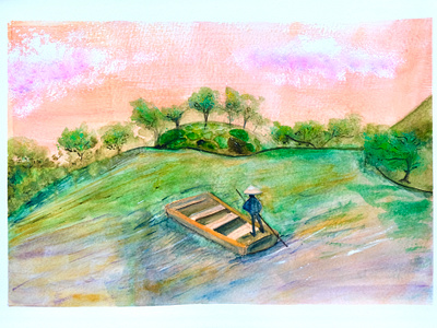 When in Japan - Contemplation art boat contemplation green illustration japan natasha gonzalez park pastels pink poetic river sketchbook sunset traditional watercolor