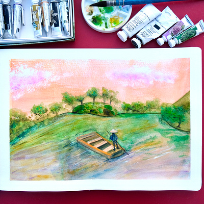 When in Japan - Contemplation art boat contemplation green illustration japan natasha gonzalez park pastels pink poetic river sketchbook sunset traditional watercolor