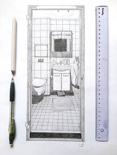 Bathroom handmade illustration pencil still life