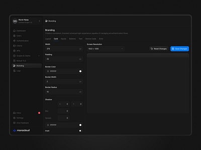 Branding Screens - Card Tab ✨ branding browser card cards clean ui dark mode dark ui dropdown editor editor design effects settings shadow tabs