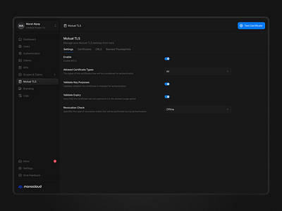 Mutual TLS ✨ code component dark mode dark ui design system dev tools mutual settings tab design tabs toggle toggle switch