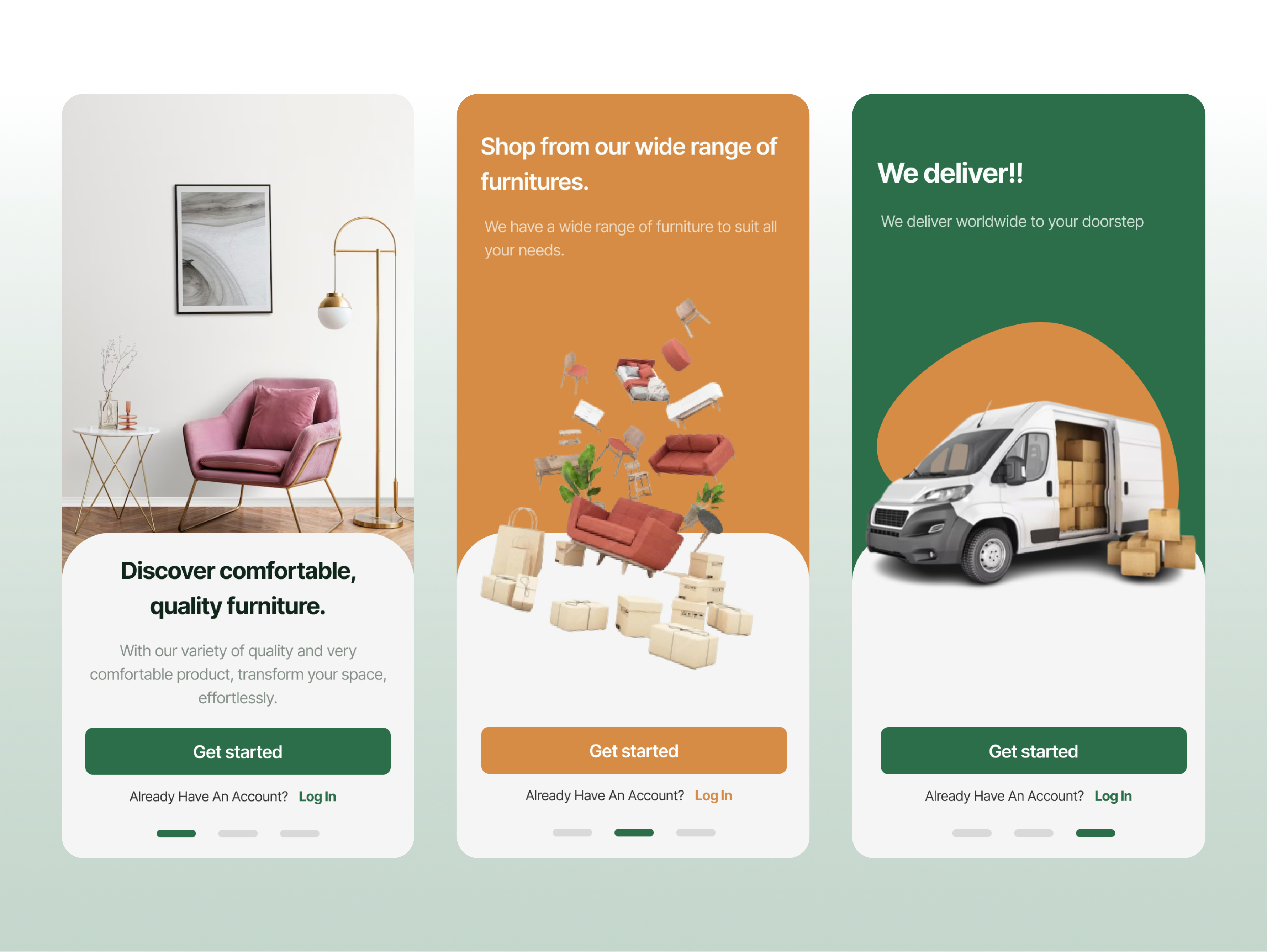 Furniture store onboarding screens