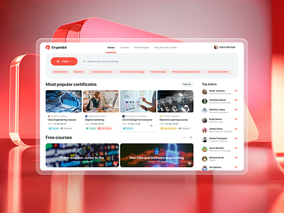 Education platform. Cryptoed concept course dashboard design diploma education elements filter by interface learning platform platform search by ui ux