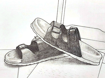 Birkenstocks handmade illustration ink pencil still life