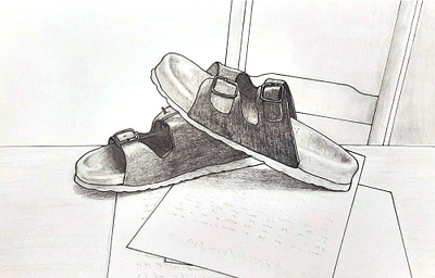 Birkenstocks handmade illustration ink pencil still life