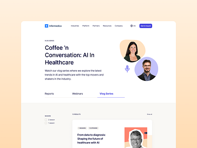 Vlog Series Hub for Infermedica ai ai in healthcare blog branding coffee n conversation experts hub infermedica mic navigation ui vlog yellow