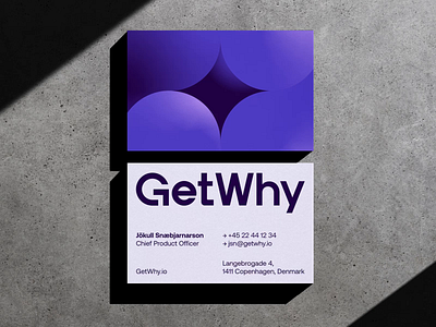 GetWhy Brand Collateral ai applications branding business card consumer research flag identity layout logo design logo mark logotype minimalistic purple qual insights stationary tech totebag vector visual identity wordmark