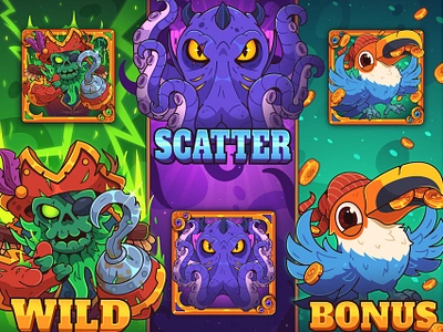 Countless Treasures: Slot Character Elements 2d 2d game art bonus casino character design cthulhu gambling game game art icons illustration octopus parrot pirates slot slot game slot machine slot symbols zombie