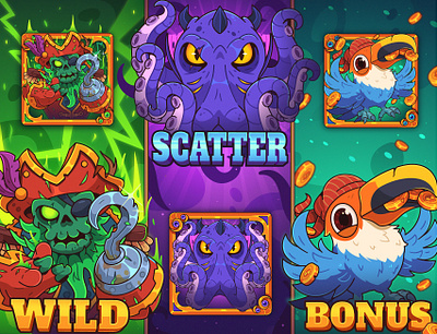 Countless Treasures: Slot Character Elements 2d 2d game art bonus casino character design cthulhu gambling game game art icons illustration octopus parrot pirates slot slot game slot machine slot symbols zombie