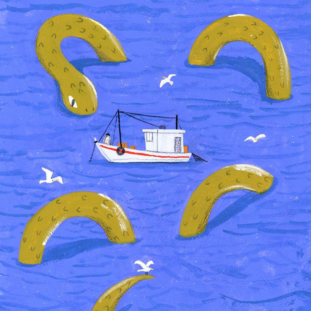 A Discovery art boat character childrens book design drawing editorial illustration monster ocean picture book sea monster snake texture water