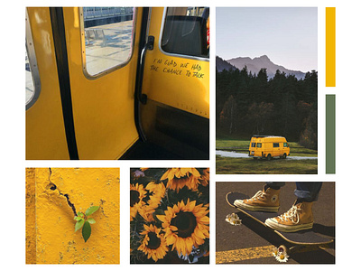 Rebellious Explorer | Exciting - Fearless - Alternative archetype board brand color converse exciting explorer fearless forest green moodboard nature rebel road road trip skate sunflower travel van yellow