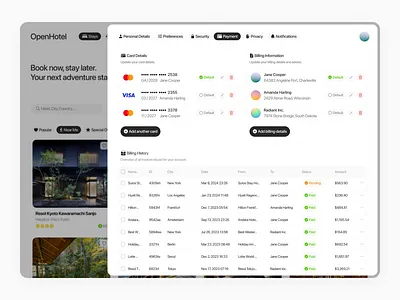 OpenHotel - UX/UI design for a flight and hotel booking platform booking creditcard design hotel payment settings table ui uiux uxdesign webdesign