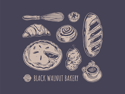 Black Walnut Apparel apparel bakery baking tools bread coffie cookies croissant hand drawn illustration pastries pie rough edges t shirt