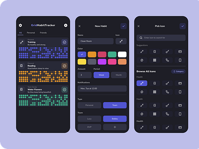 Multi-user Grid Habit Tracker: So Friends Can Support Each Other habits mobile multi user productivity ui