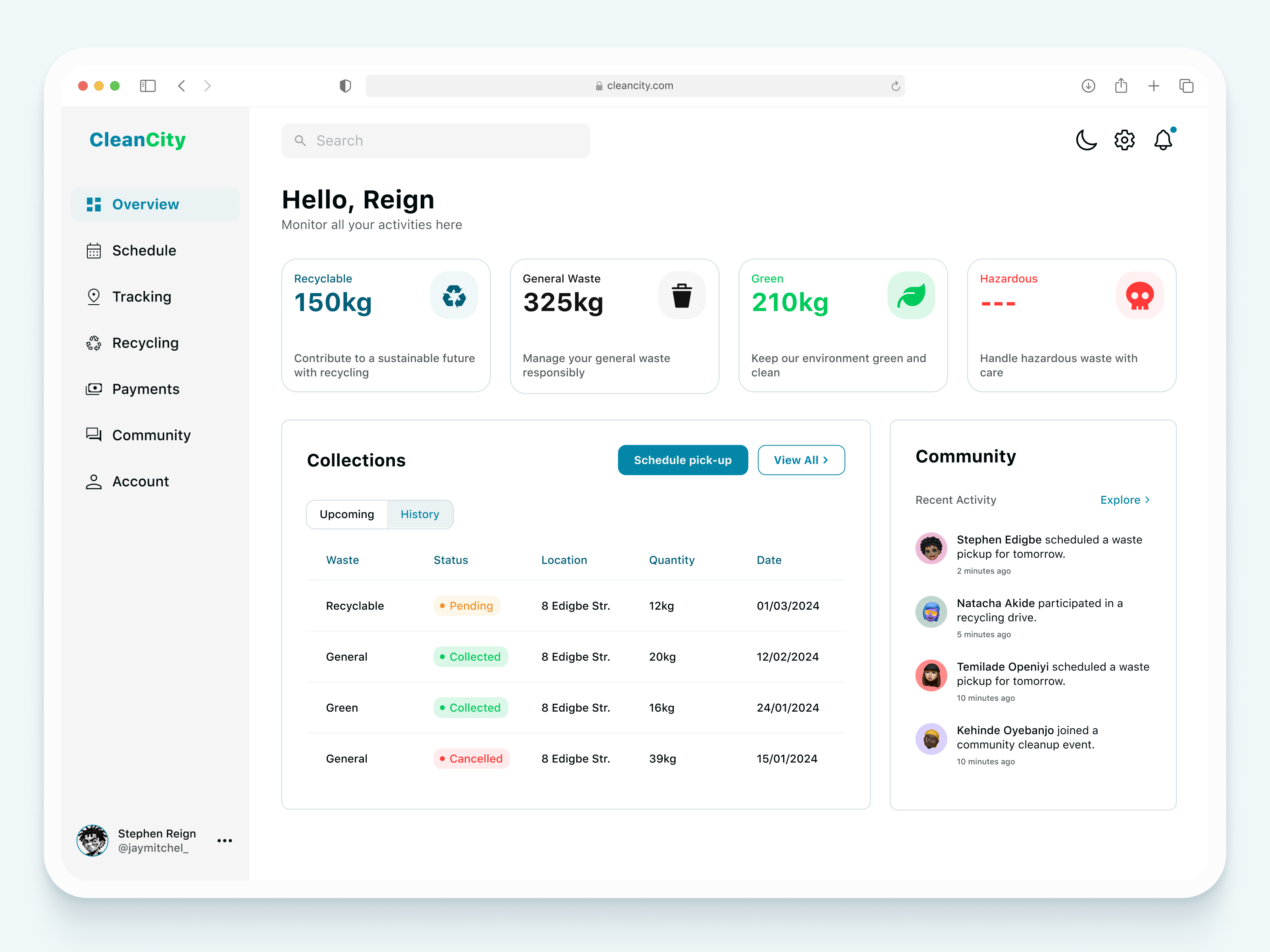 Waste Management Dashboard app dashboard desktop app green recycling ui uiux waste management