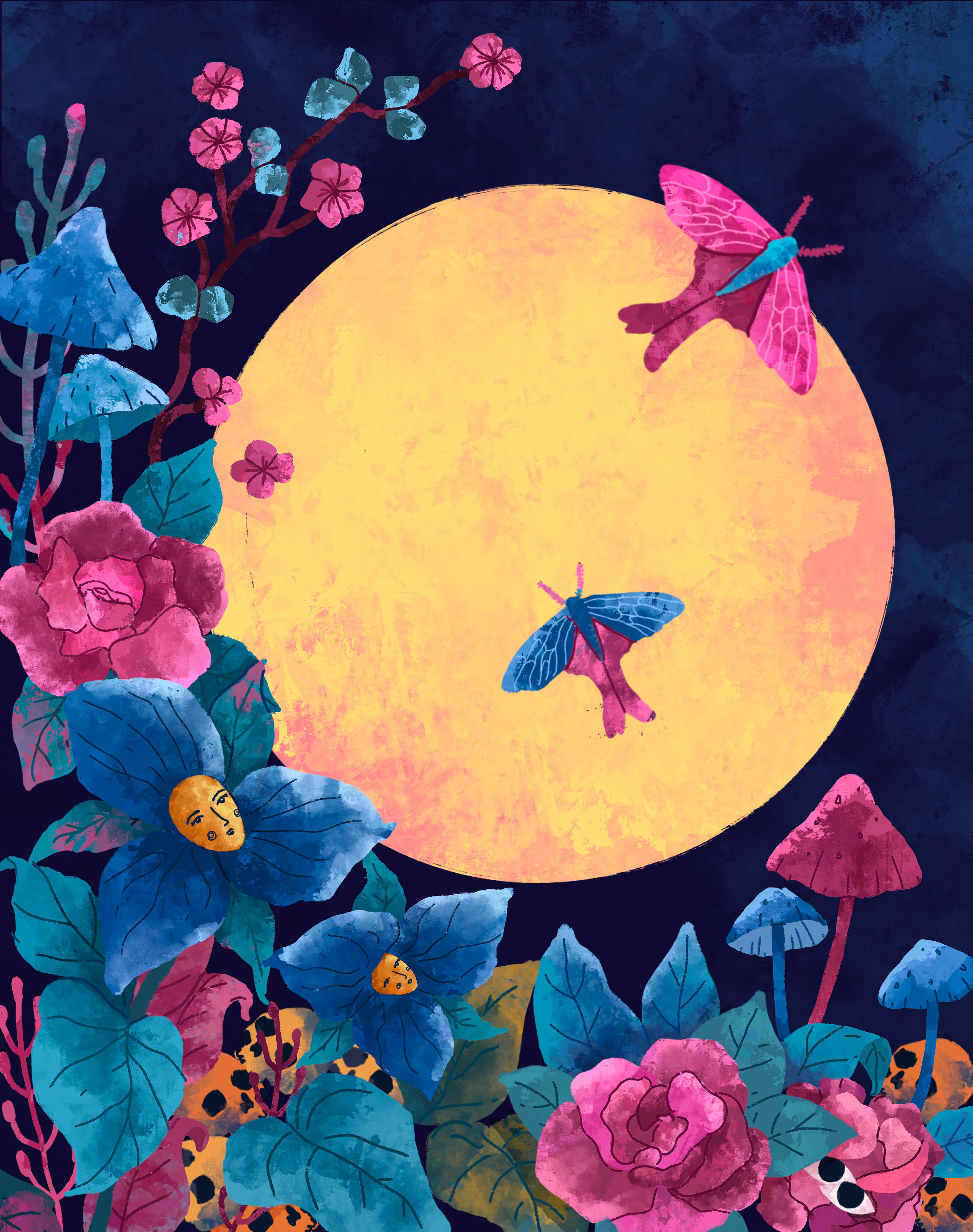 Full moon 2d art book cover design digital face female feminine flower graphic illustration moon moth mushroom night plants skull sky woman