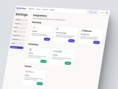 Integrations in an investment platform aesthetic app clean dashboard design integrations interface modern neat online investment platform portal product design settings ui usability user experience ux ux design web