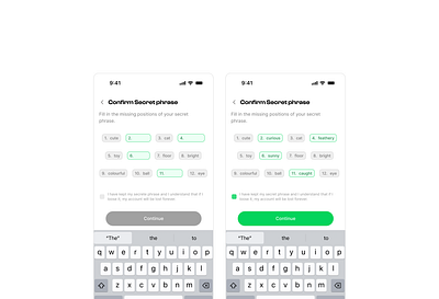 Confirm Secrete phrase app design product design ui ux wallet web3