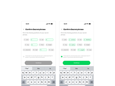 Confirm Secrete phrase app design product design ui ux wallet web3