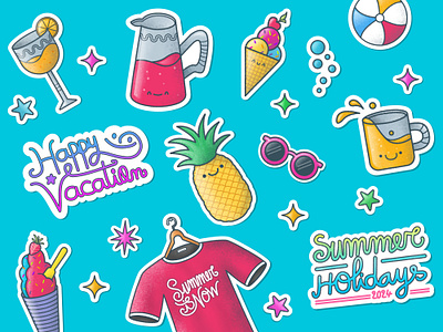 Summer Stickers Pack For Printable & Digital Purposes animation beach bundle calligraphy gifs holidays ice cream illustration lettering motion graphics pack pineapple soda sticker stickers summer sun vacation vector vibes