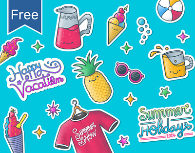 Free Stickers Pack For Summer Holidays Printable & Digital animation beach bundle calligraphy gifs holidays ice cream illustration lettering motion graphics pack pineapple soda sticker stickers summer sun vacation vector vibes