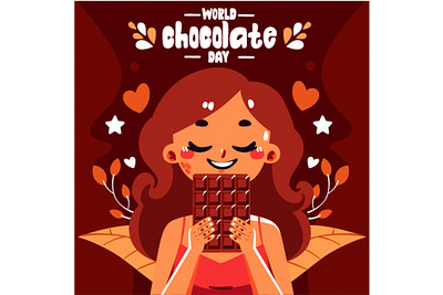 World Chocolate Day with Woman Eating Chocolate Illustration almond anniversary cadburry cake celebration chocolate cream day donut eat event love milk oreo sweet truffle wafer waffle woman yogurt