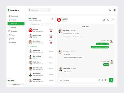 Project management dashboard-message page chat chat page chatbot clean dashboard conversation dashboard inbox interface live message message page message ui messaging product design profile project management saas ui design ux design video call web app