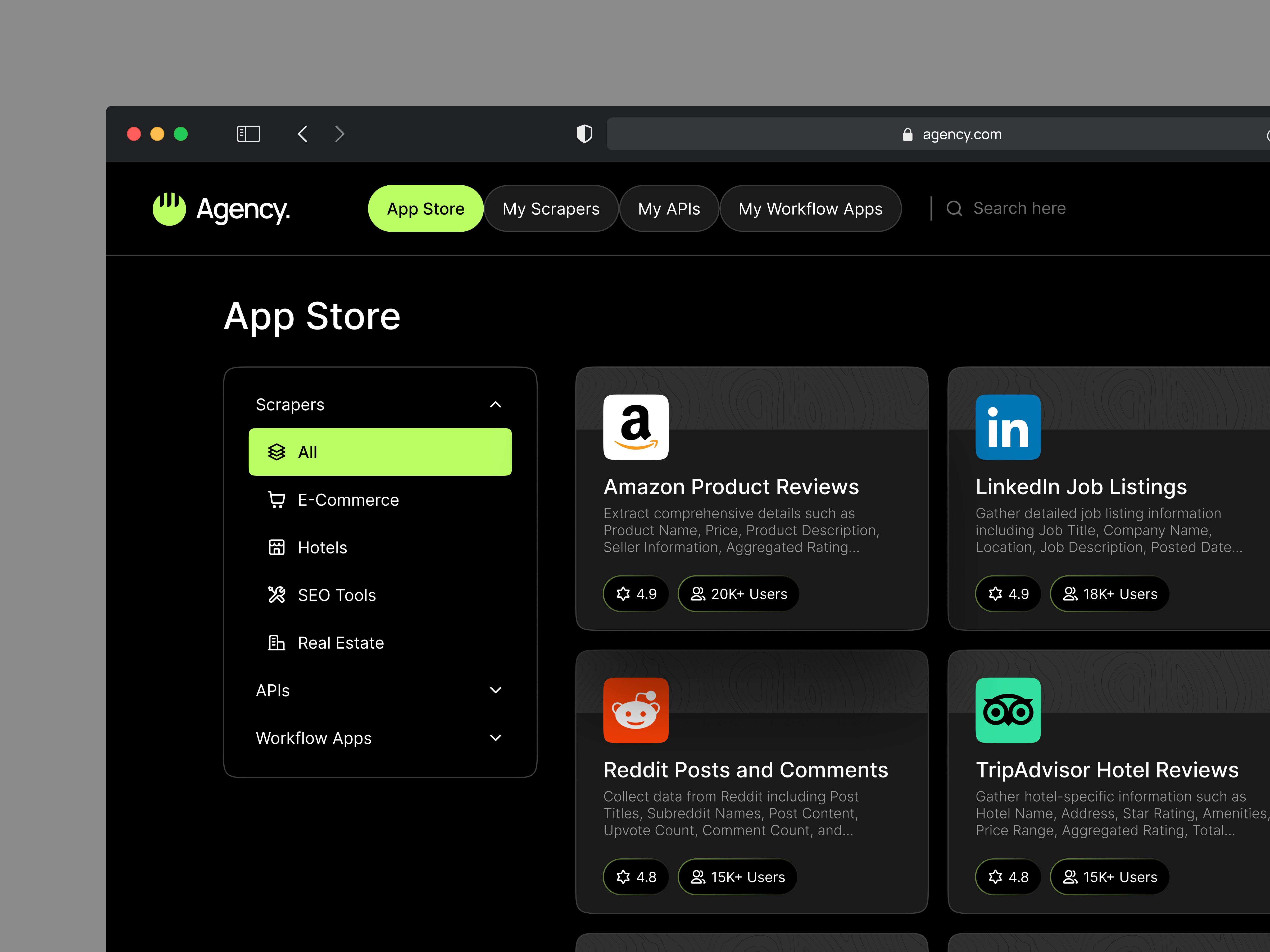 Web Scraper App UI amazon api app app store clean creative dark dark mode dashboard design ecommerce inter linkedin minimal scraper theme ui ux web workplace