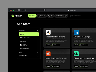 Web Scraper App UI amazon api app app store clean creative dark dark mode dashboard design ecommerce inter linkedin minimal scraper theme ui ux web workplace