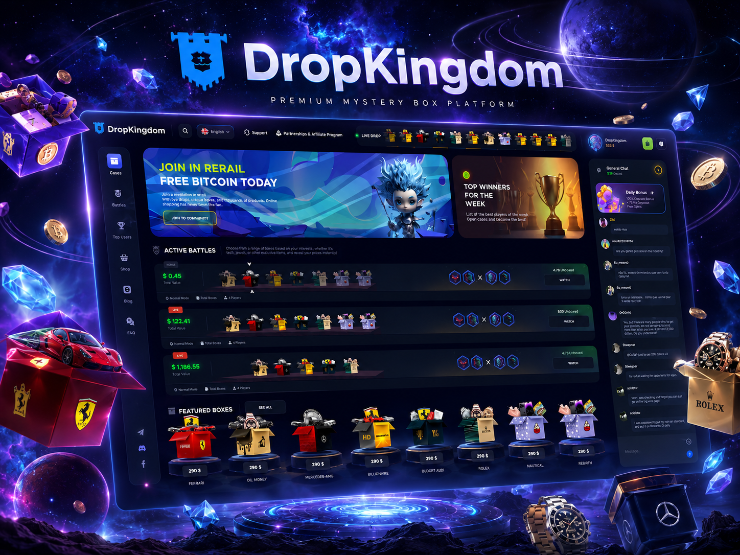 DropKingdom - mystery boxes boxbattles boxes cases drop gambling game hypedrop items prizes ui ux uiux unboxing web design