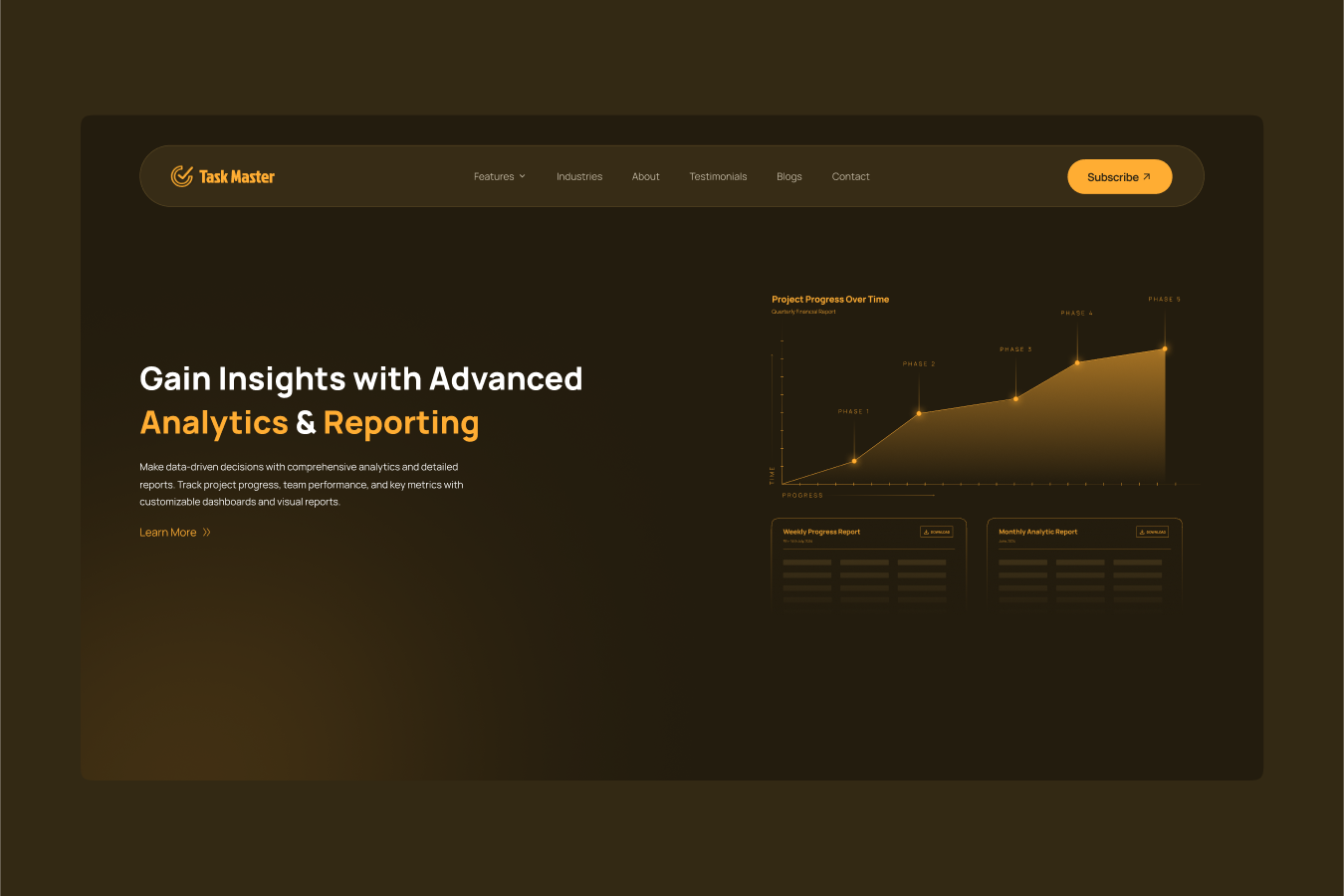 TaskMaster - Project Management Tool With Motion Illustrations analytics animation collaboration dashboard design graphic design illustration landing page motion graphics reports task management ui ui design web web design workspace