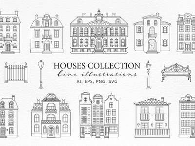 HOUSES LINE ILLUSTRATION SET architecture icons branding canal houses city illustrations clip art fine art graphic design historical buildings house illustrations houses collection illustration line art line drawing logo elements outlined icon set real estate logo real estate set vector vintage house wedding invitations