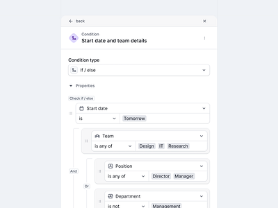 Properties Panel advanced filters automation clean condition condition filters conditions filters minimal saas sidebar ui ux workflow workflow builder