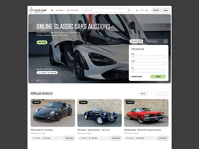LPC Online auction. Concept auction cards classic cars e commerce filters forms header home page marketplace slider ui vehicles web website