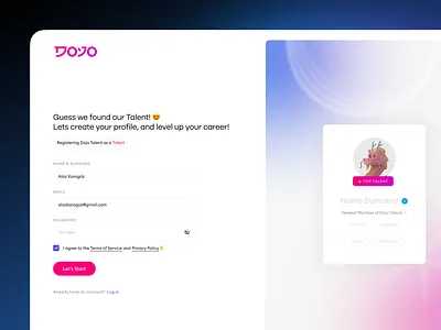 Registration Onboarding - Dojo Talent app design dashboard digital design mobile app onboarding onboarding screen registration sign in sign up ui web app web design