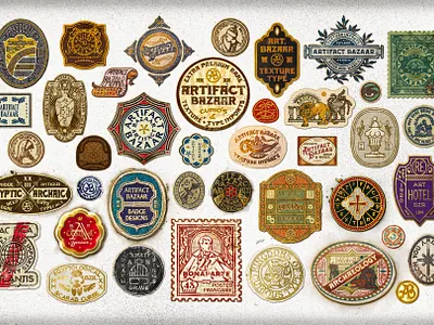 Artifact Badge Collection adventure ancient egypt antique artifact badge badge design brand badges brand design button design collection curios ephemera exploration flash sheet illustration label design matchbox sticker design tattoo vintage design