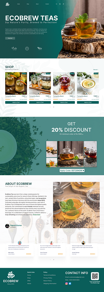 E-Commerce Website : Organic Tea | Ecobrew branding case study design ecommerce figma graphic design greem illustration logo organic shop shopping tea tes ui user experience user interface website