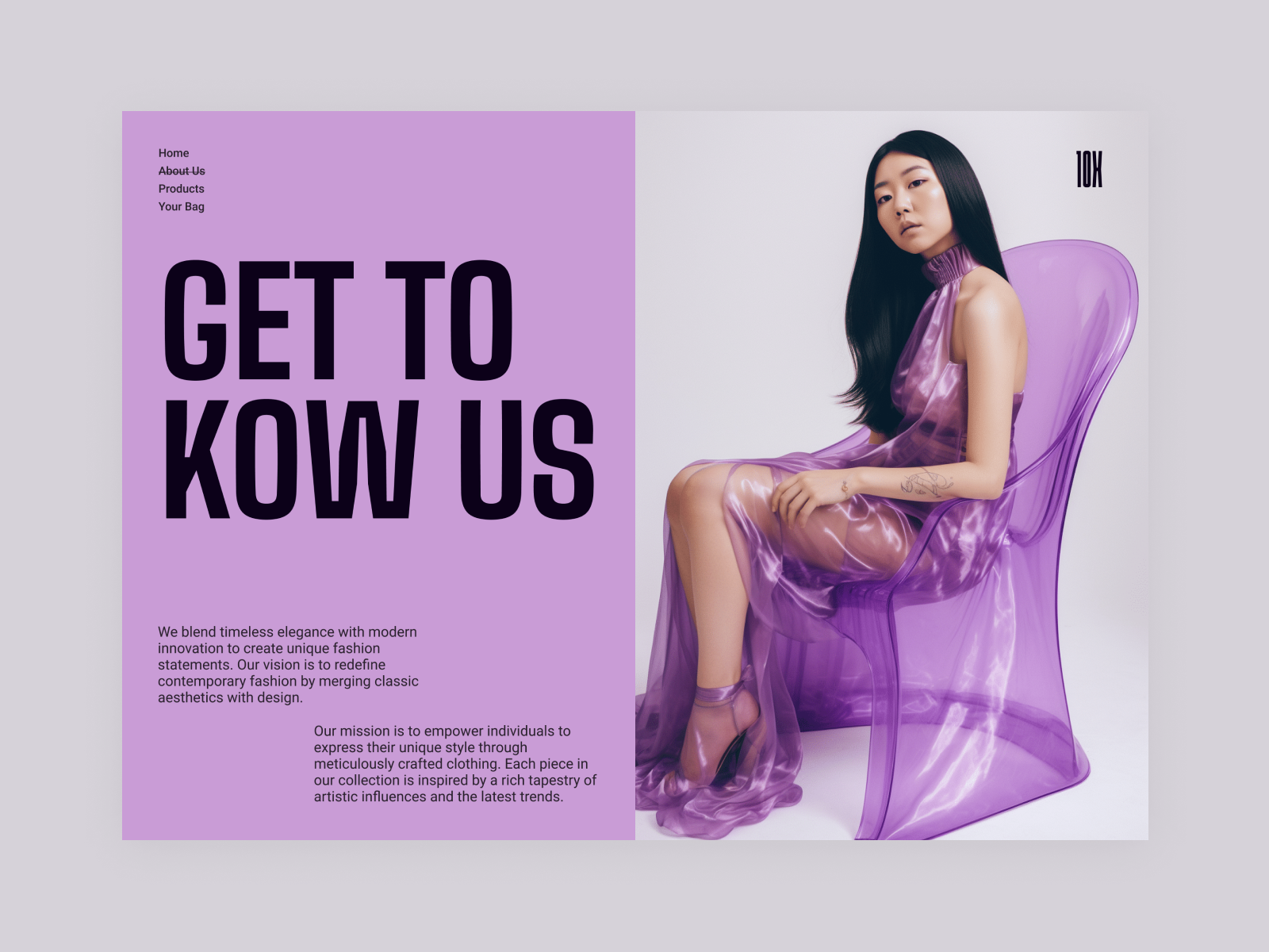 10X: About Us page about us cloathing company cloathing website design figma figma design graphic design purple typography ui ui design uiux ux ux design web design website design