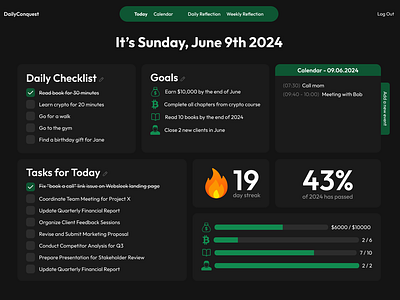 Dashboard for daily checklist, tasks, and goals management dark dark mode darkmode dashboard design green landing page landingpage modern sleek ui ux web design web sleek website websleek