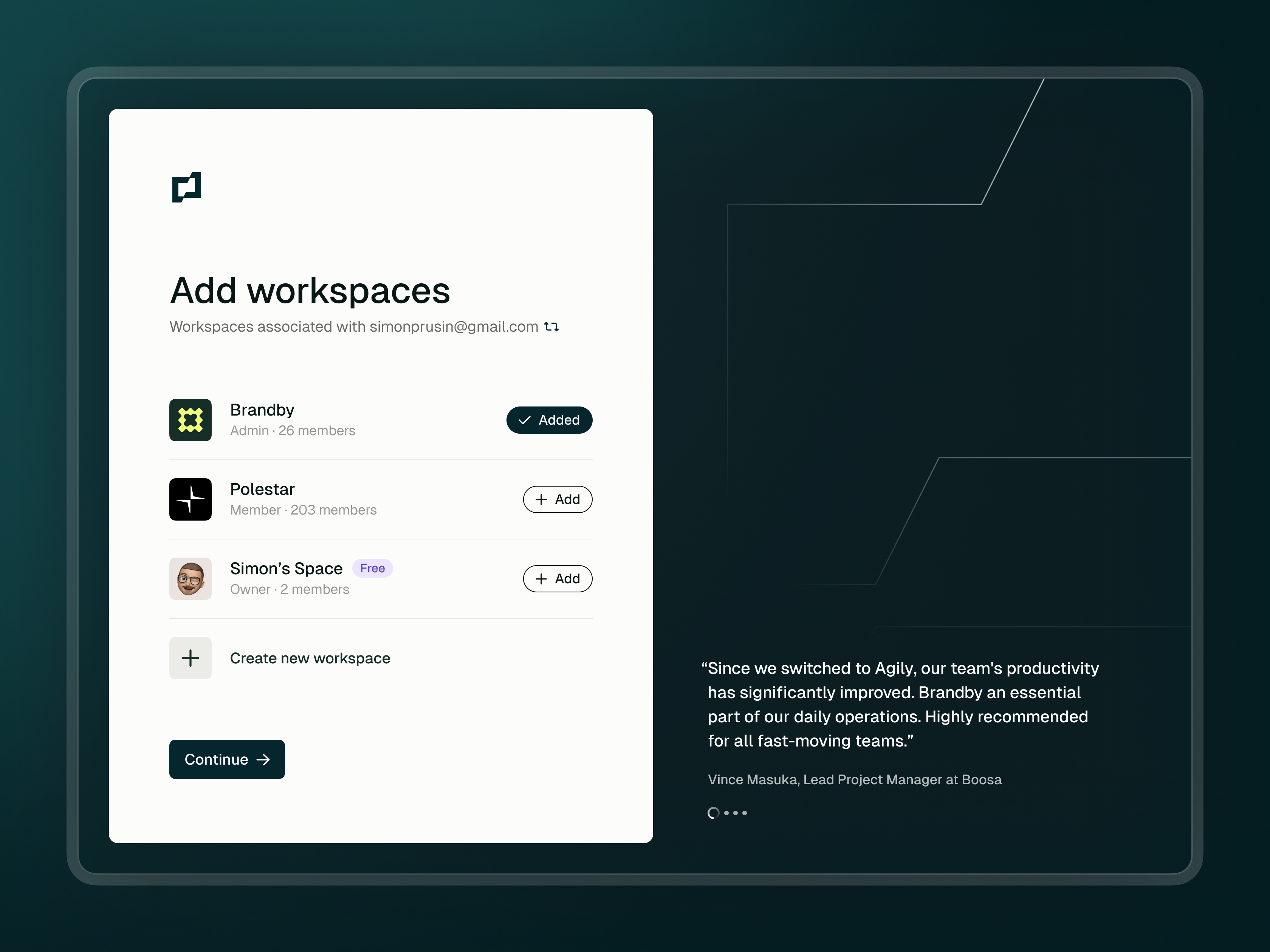 Workspaces screen for Done.app advanced complex dashboard kanban linear login minimal project management saas splash screen startup testimonial ui web app workspaces