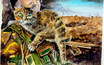 Original watercolor Ukrainian painting, Cat and soldier, war art cat hand painted illustration paint painting ukraine war