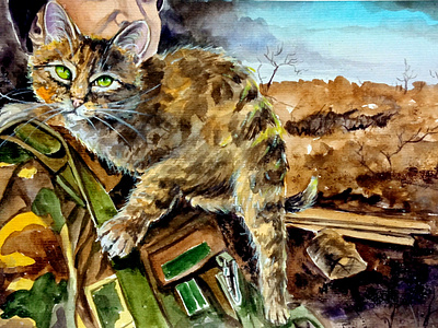 Original watercolor Ukrainian painting, Cat and soldier, war art cat hand painted illustration paint painting ukraine war