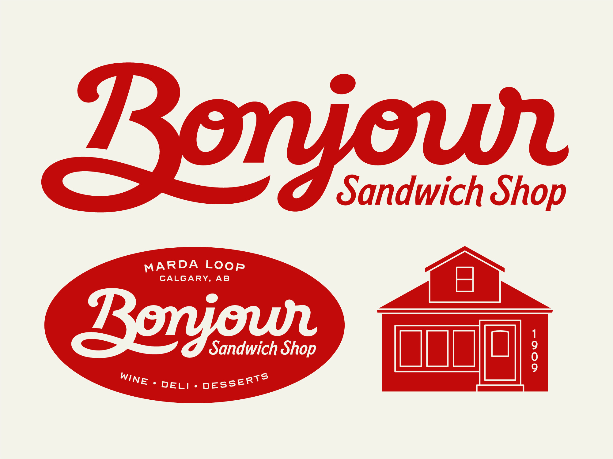 Bonjour Sandwich Shop b brand branding cursive custom identity lettering logo monogram restaurant retro script sign signage symbol type vintage wordmark