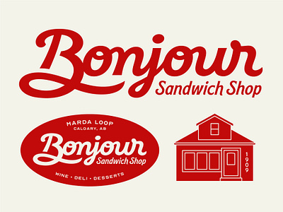 Bonjour Sandwich Shop b brand branding cursive custom identity lettering logo monogram restaurant retro script sign signage symbol type vintage wordmark