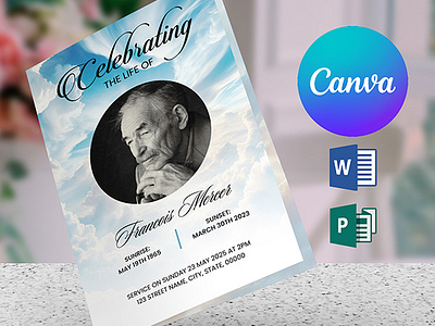 Editable Funeral Program template with Heavenly Sky Theme gifts for him graphic design