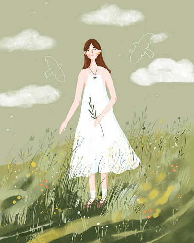 Girl in a green field digital art drawing graphic design illustration procreate