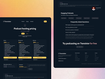 Transistor.fm Pricing Page Redesign Concept affordable business compare episodes monetization plans platform podcast price private professional review shows start free trial starter subscriptions transistor ui unlimited website